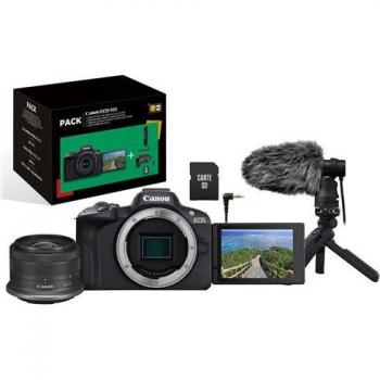 Canon EOS R50 Schwarz mit Objektiv und Mikrofon