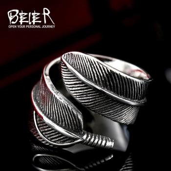 Beier 316L Stainless Steel Men's Feather Ring