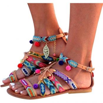 Jaycosin Vrouwen Sandalen Gladiator Bohemen Lederen Flats Pom-Pom Ongedwongen Outdoor
