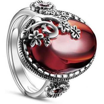 Bague Argent 925 Femme Vintage Ovale Grenat Fleurs de Prune