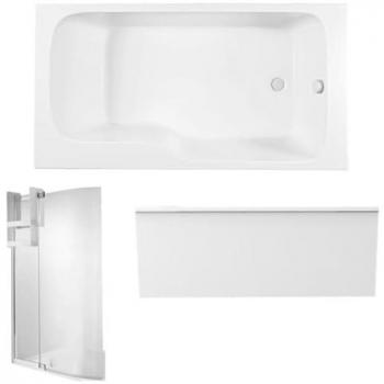 Jacob Delafon Pack baignoire bain douche 160 × 85 Malice gauche blanc mat + tablier en niche + pare-bain + étagère (blanc)