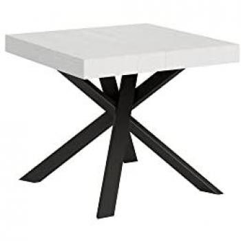 Table extensible Clerk 90 × 90 cm – Effet bois frêne blanc, pieds anthracite