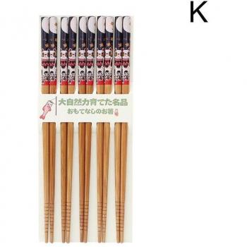5 Pairs of Natural Wood Bamboo Chopsticks with Cat Flower Motif