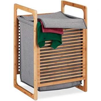 Bamboo Lidded Laundry Basket, Rectangular, 60 x 40 x 35 cm, Natural/Grey