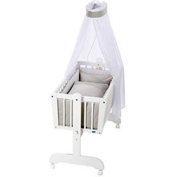 Pendelwiege Sina Buche weiß mit Wiegenset Raute taupe