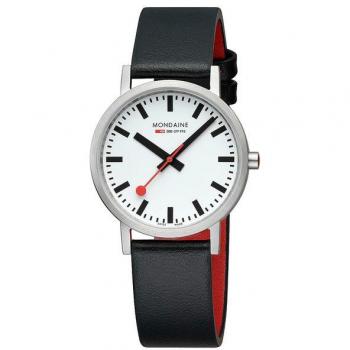 Mondaine 36mm White Brushed Case with Black Grape Leather