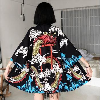 Kimono Estilo Harajuku para Mujer con Dragón Azul y Negro
