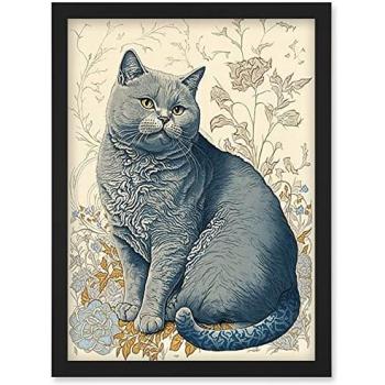 Modern A4 Cat Portrait in Floral Motif – William Morris Inspired Frame