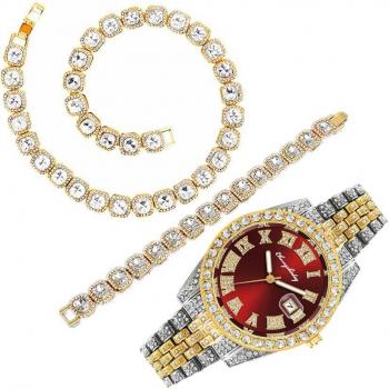 Gold Cuban Tennis Chain and Iced Out Watch Set for Men