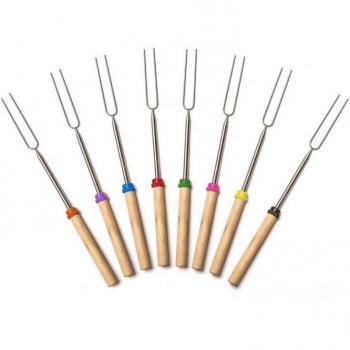 Fourchette de cuisine de feu de camp télescopique, acier inox, poignée en bois – portable