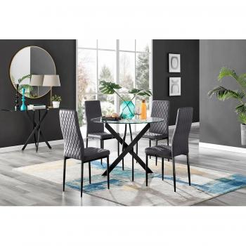 Black‑Legged Novara Glass Dining Table with Grey Velvet Seating, 4 Pieces