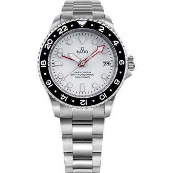 Ceas automat pentru bărbați Ratio FreeDiver GMT cadran alb RTF057 200M