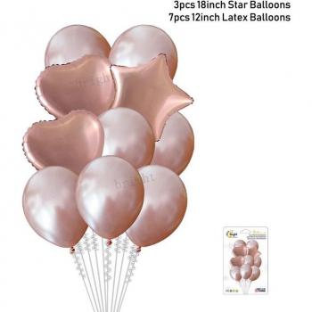 Set de 10 globos de corazón dorado y rosa