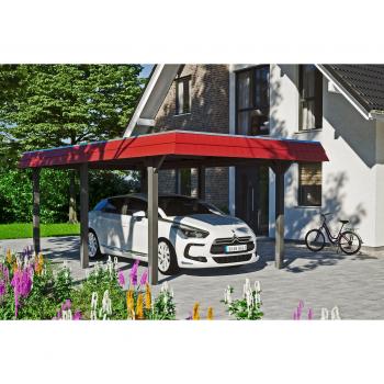 Skan Holz Einzelcarport Wendland Schiefergrau – Unterstand, 362 × 628 cm, Aluminium-Dachplatten, rote Blende