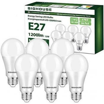 E27 LED Light Bulb, BIGHOUSE 13W 1200Lumen A60 Edison Screw, 100W Halogen Equivalent, Cold White 6000K