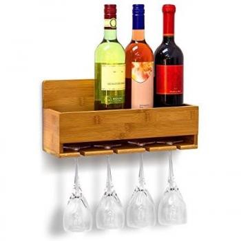 Relaxdays Natural Brown Wine Rack with Glass Holders – 4 Bottles, 4 Glases, Wall Mount