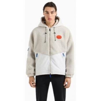 Outfit de invierno EA7 Hombre: Chaqueta bomber gris claro con capucha y efecto peluche, XL