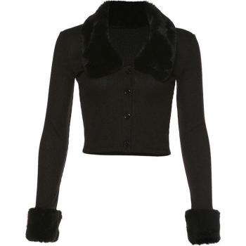 Manteau d'automne noir pour femme avec col en fourrure décontracté