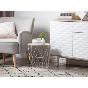 Mesa Auxiliar Geométrica de Madera Clara con Tapa Extraíble y Cesta de Alambre Blanco