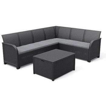 Salon de jardin ALLIBERT en imitation résine tressée, table basse intégrée, 6 places, Gris Graphite – SanRemo