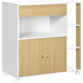 HOMCOM Carrito de Cocina con Ruedas 2 Puertas Cajón y Estantes Laterales Diseño Moderno 80x39x85,5 cm Roble y Blanco