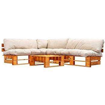 Garten-Sofaset aus Holz mit sandfarbenen Kissen