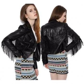 Black Basic Faux Leather Jacket with Fringe for Women