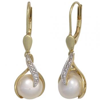 Boutons Ohrhänger 585 Gold Gelbgold 2 Süßwasser Perlen 6 Diamanten