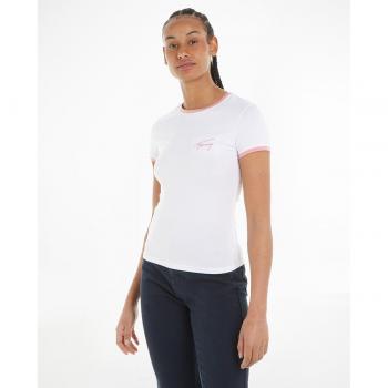 Tommy Hilfiger Women's Size S White Tee with Pink Signature Embroidery
