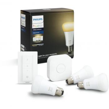 Set iniziale Philips Hue White Ambiance con 3 lampadine E27, Bridge e telecomando dimmer, compatibile Google Assistant
