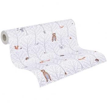 Papel pintado morado con dibujos de animales para decoración infantil
