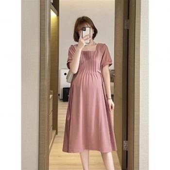 Maternity Office Lady Chiffon Dress Short Sleeve A-Line Square Collar