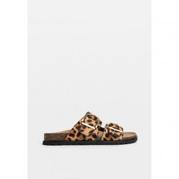 Stradivarius Leopard Print Leather Sandals with Buckles