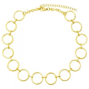Todos los nombres hacen referencia al mismo producto con pequeñas diferencias en la descripción. La gargantilla o choker está hecha de acero inoxidable chapado en oro, tiene un largo de 28 cm y cuenta con círculos calados lisos. Por otro lado, tambié