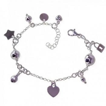 Pulsera de Plata 925m con Colgantes de Corazón, Candado, Estrella, Círculo y Mariquita para Mujer