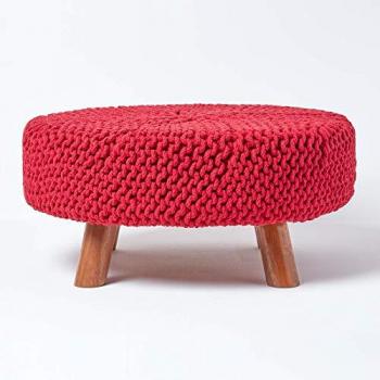 Red Knitted Cotton Footstool with Wooden Legs Large