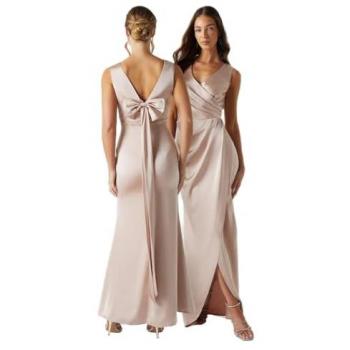 Bow Back V Neck Satin Bridesmaid Dress