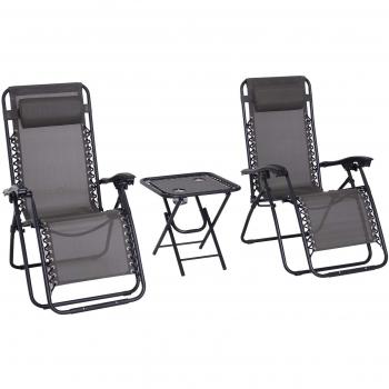 Outsunny 3 Pieces Folding Zero Gravity Chairs Sun Lounger Table Set with Cup Holders