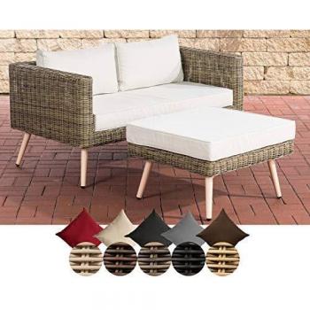 CLP Polyrattan 2er Sofa MOLDE mit Fußhocker I Loungeset Rundrattan I Gartensofa mit Hocker I 5mm Rattandicke, Farbe: cremeweiß
