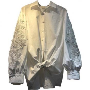 Chemise blanche à manches longues avec col rabattu et perles fleuries Neploe, printemps 49364