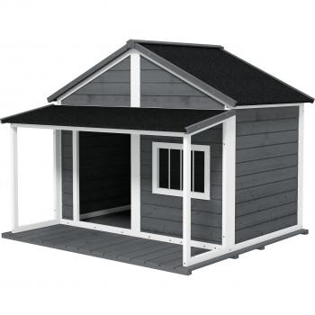PawHut Hundehaus aus Massivholz, wetterfeste Hütte für draußen mit Asphaltdach, Grau, 124 x 112 x 105 cm