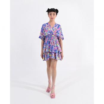 Robes légères à manches courtes, volants élégants, tissu imprimé, nouage côtelé
