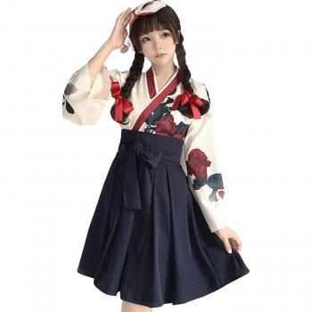 Red & Black Floral Lolita Kimono Dress