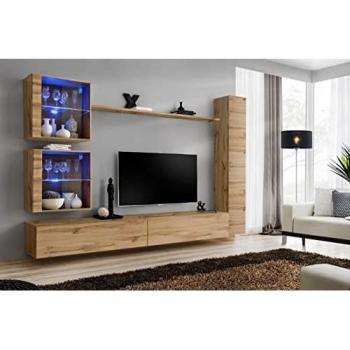 AromaWall Switch XVIII – Bois naturel, 2 vitrines LED, 1 vitrine verticale, 2 bancs TV, 1 étagère