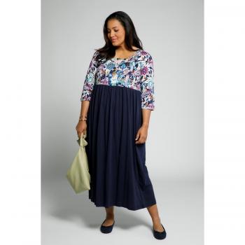 Vestito lungo a fiori con gonna unita, scollo girocollo, maniche 3/4, Donna, Blu, Taglia: 56/58, Cotone, Ulla Popken
