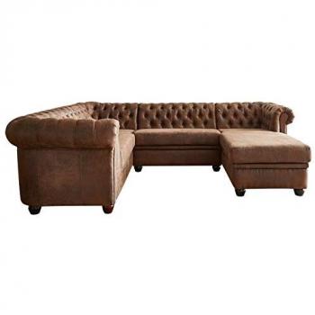 Salon d'angle Chesterfield 266x200 cm marron avec ottoman droite