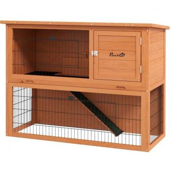 Oasi Esterna per Conigli: 2 Livelli + Vassoio Rimoz. Legno Arancio