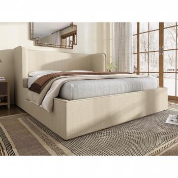 Lit avec coffre et tête de lit large 180x200cm en lin beige