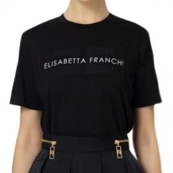 Elisabetta Franchi Damen T-Shirt Schwarz mit Strass-Logo Größe 44