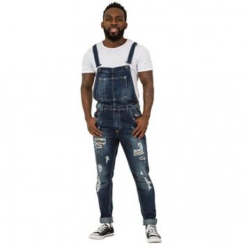Berna Mens Destroyed Denim Bib Overalls – Slim Fit, Rip‑Ablation Detail, Size XXL (W36)